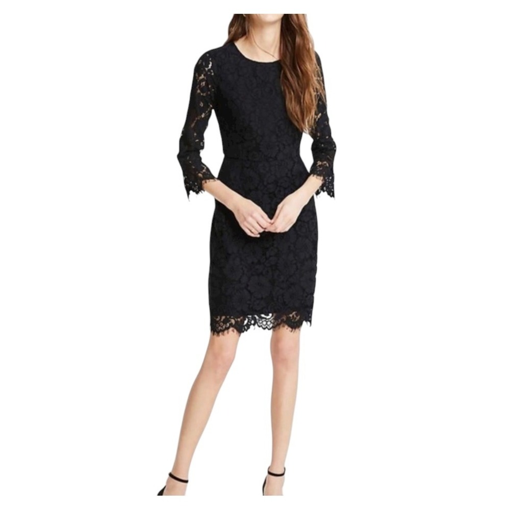 Ann Taylor Black Lace Sheath Fluted Sleeve Dress 3/4 Sleeve Knee Length‎ 10